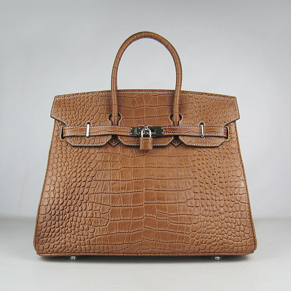 High Quality Fake Hermes Birkin 35CM Crocodile Veins Leather Bag Light Coffee 6089